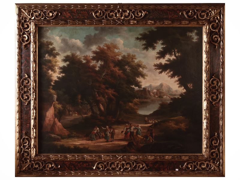 Scuola Piemontese del XIX Secolo - Scena di Ballo Campestre Entro Paesaggio Boschivo con Scorcio ...