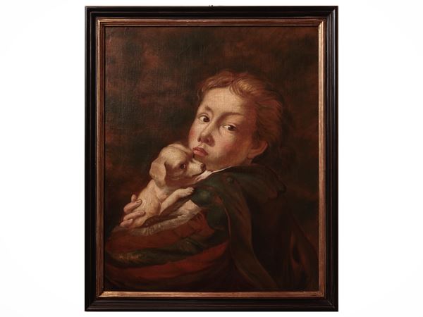 Maniera della pittura barocca fiamminga - Ritratto di dama con gattino - Ritratto di fanciullo con cagnolino