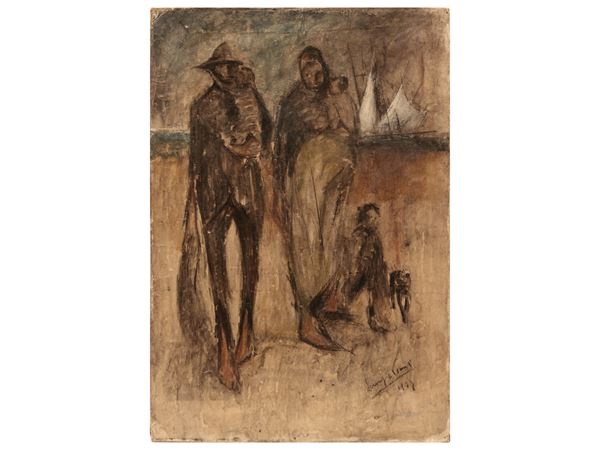 Lorenzo Viani - Family portrait in a sea landscape, 1930s