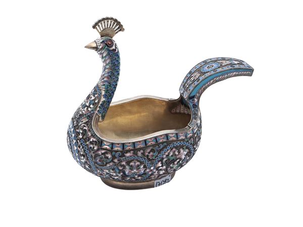 Large Kovsh in Vermeil silver and Cloisonné enamels, Mitrofan Piudin