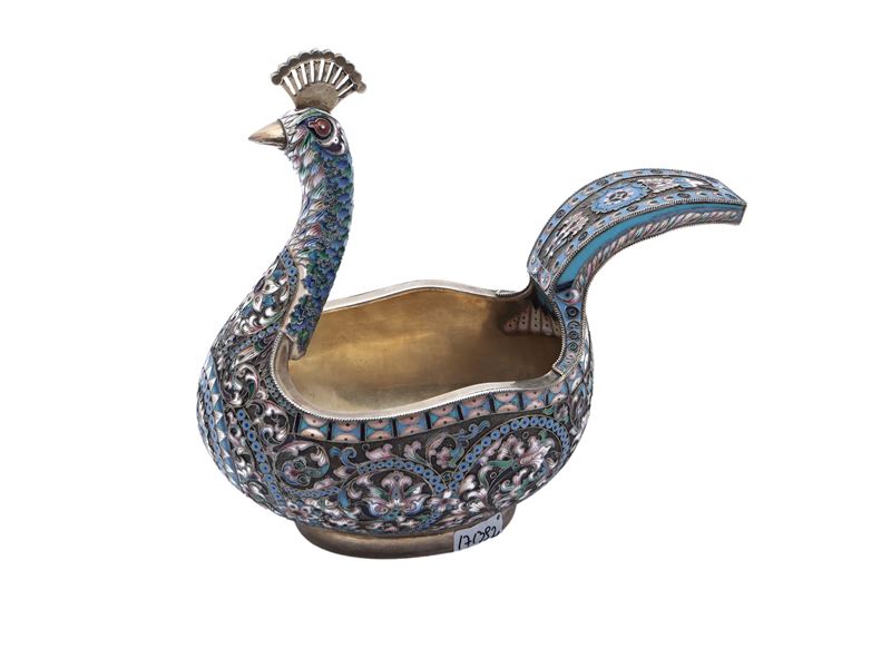 Grande Kovsh in Argento Vermeil e Smalti Cloisonné, Mitrofan Piudin