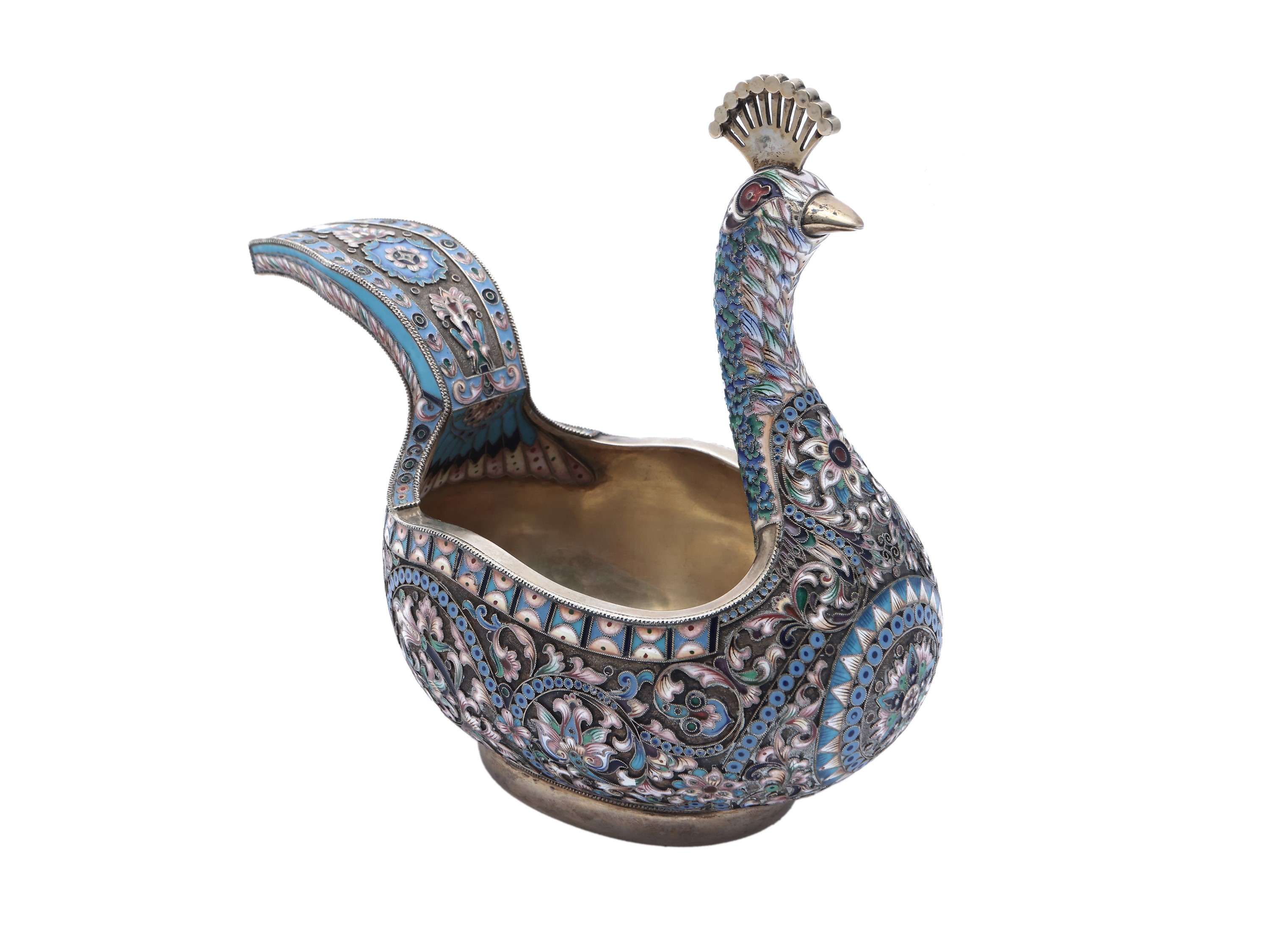 Grande Kovsh in Argento Vermeil e Smalti Cloisonné, Mitrofan Piudin