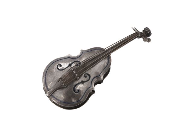 Piccola scatola a foggia di violino Stradivari in argento e smalti