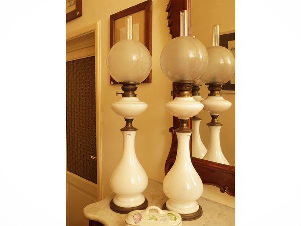 Pair of large oil lights in white opal