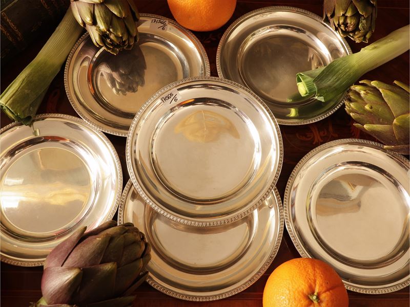 Serie di sei piattini da pane in argento, Calegaro Padova