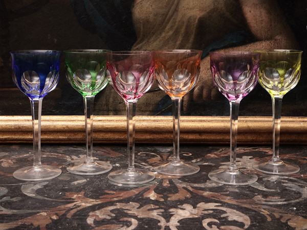 Serie di dodici calici in cristallo doppio arlecchino, Moser