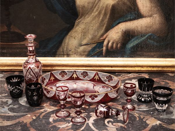 Set da liquore in vetro molato color rubino