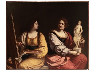 Seguace di Giovanni Francesco Barbieri, Allegoria della Scultura e della Pittura, olio su tela