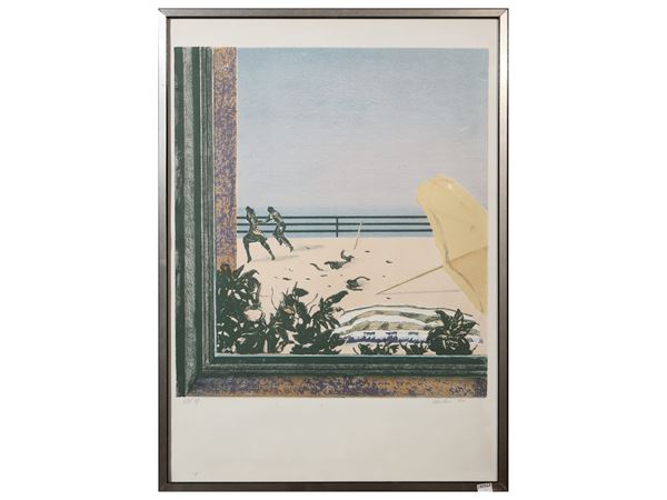 Franco Mulas - Veduta di spiaggia con figure