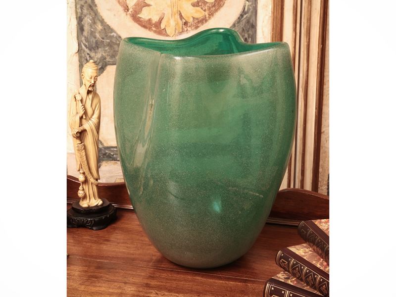 Grande Vaso in Vetro Sommerso Verde, Flavio Poli per Seguso Vetri D'arte