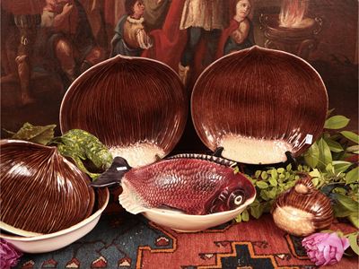 Servizio per Servire le Castagne in Ceramica Policroma