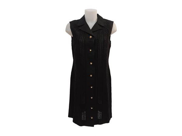 Tailored black linen blouse with perforations and embroidery