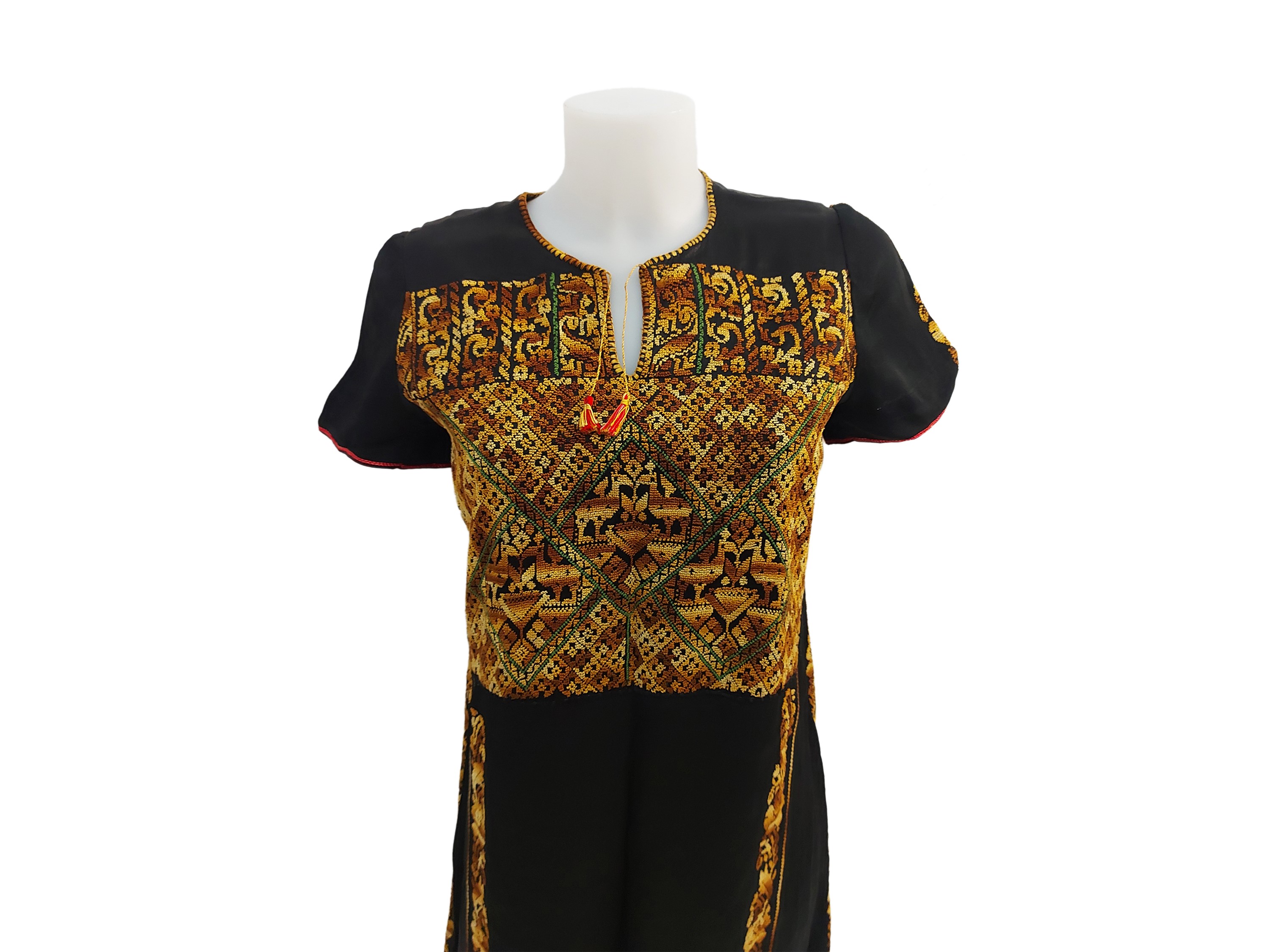 Tunica in misto seta e raso nero ricamata