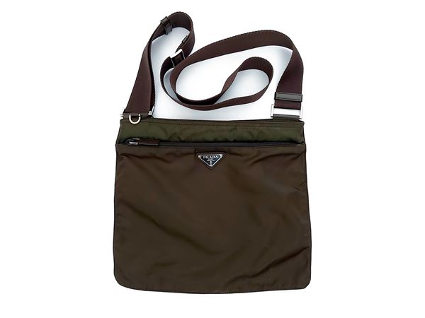 Prada - Military green nylon shoulder bag and brown leather