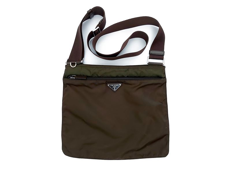 Prada - Borsa a Tracolla in Nylon Verde Militare e Pelle Marrone