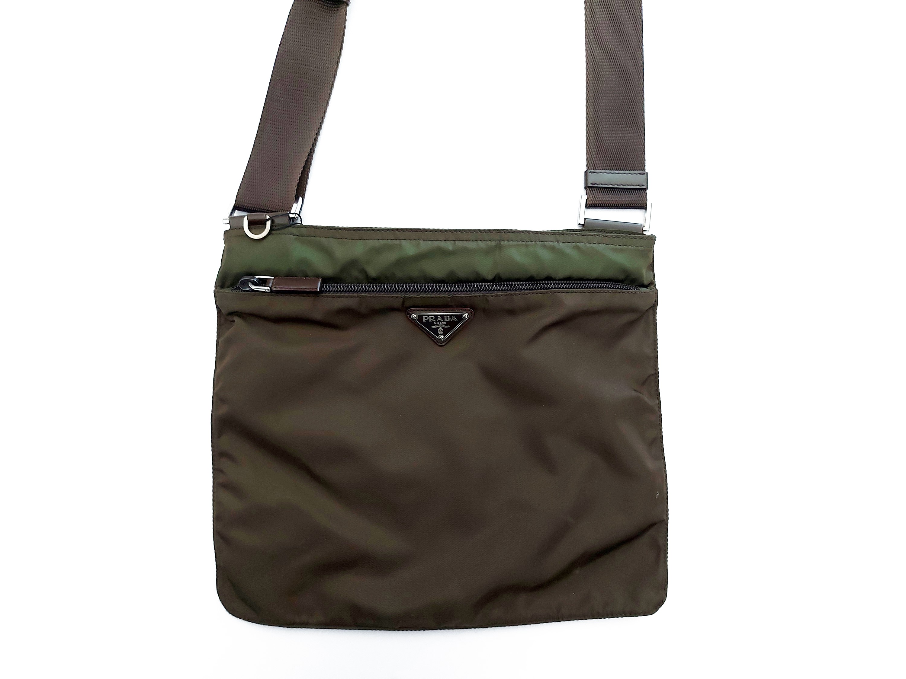 Prada - Borsa a Tracolla in Nylon Verde Militare e Pelle Marrone
