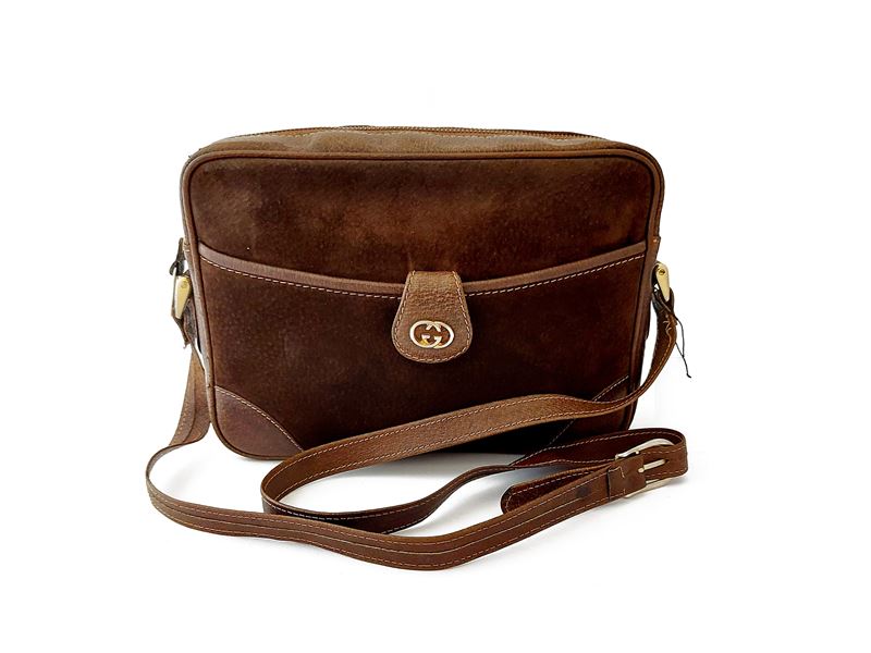 Gucci - Borsetta a Tracolla in Suede e Pelle Marrone
