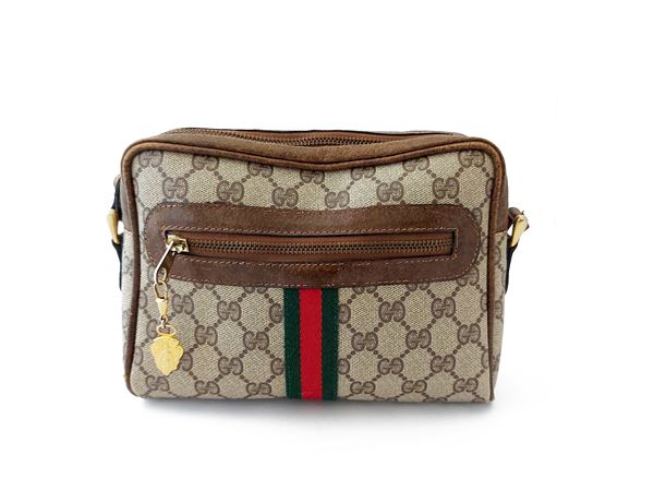 Gucci - Shoulder bag in Monogram canvas and brown leather