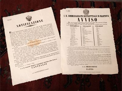 Notificazione (1849) e Avviso (1852) I. R. Commissariato Distrettuale di Mantova