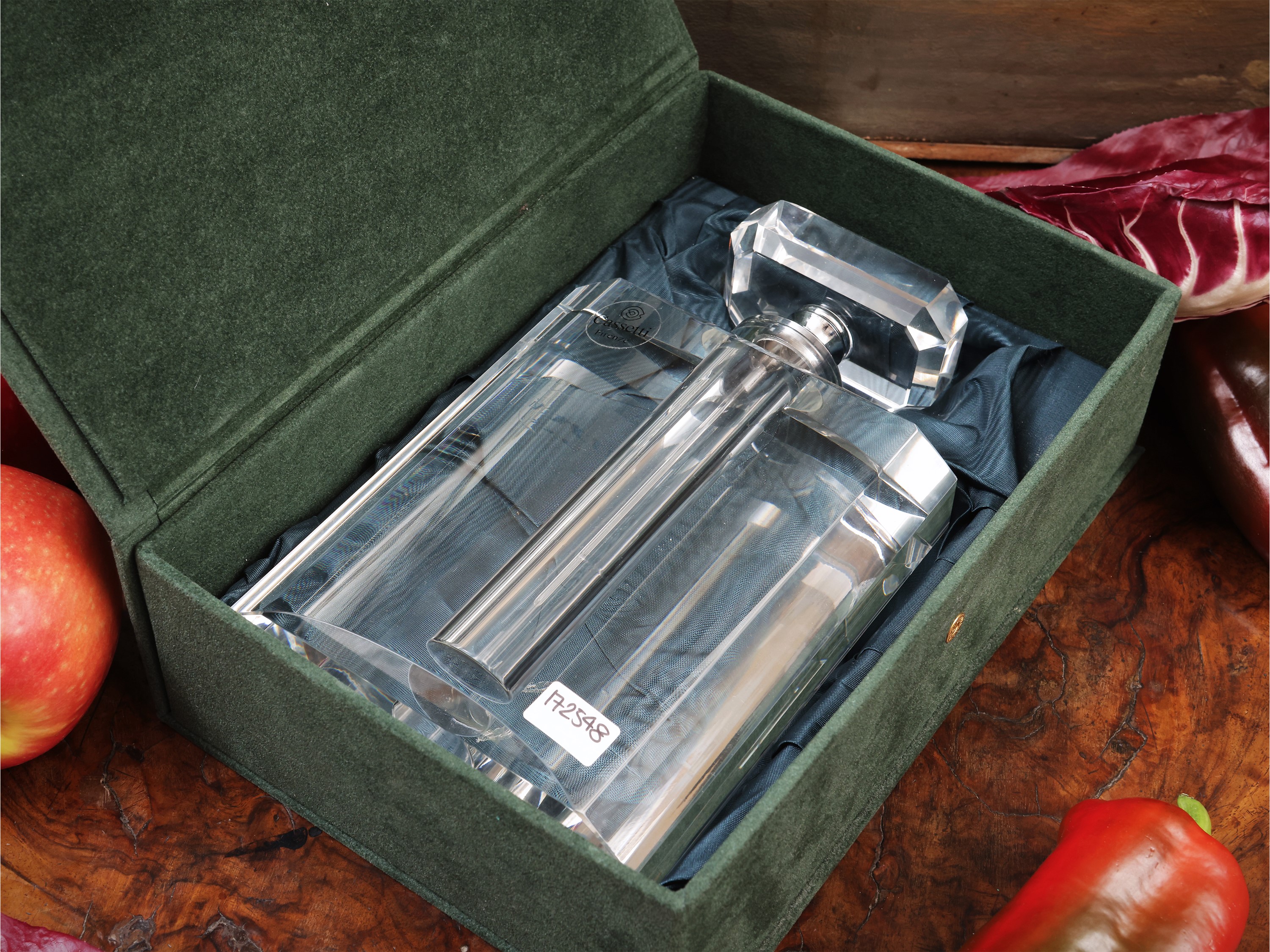 Grande flacone in cristallo con montatura in argento, Cassetti Firenze, entro scatola originale