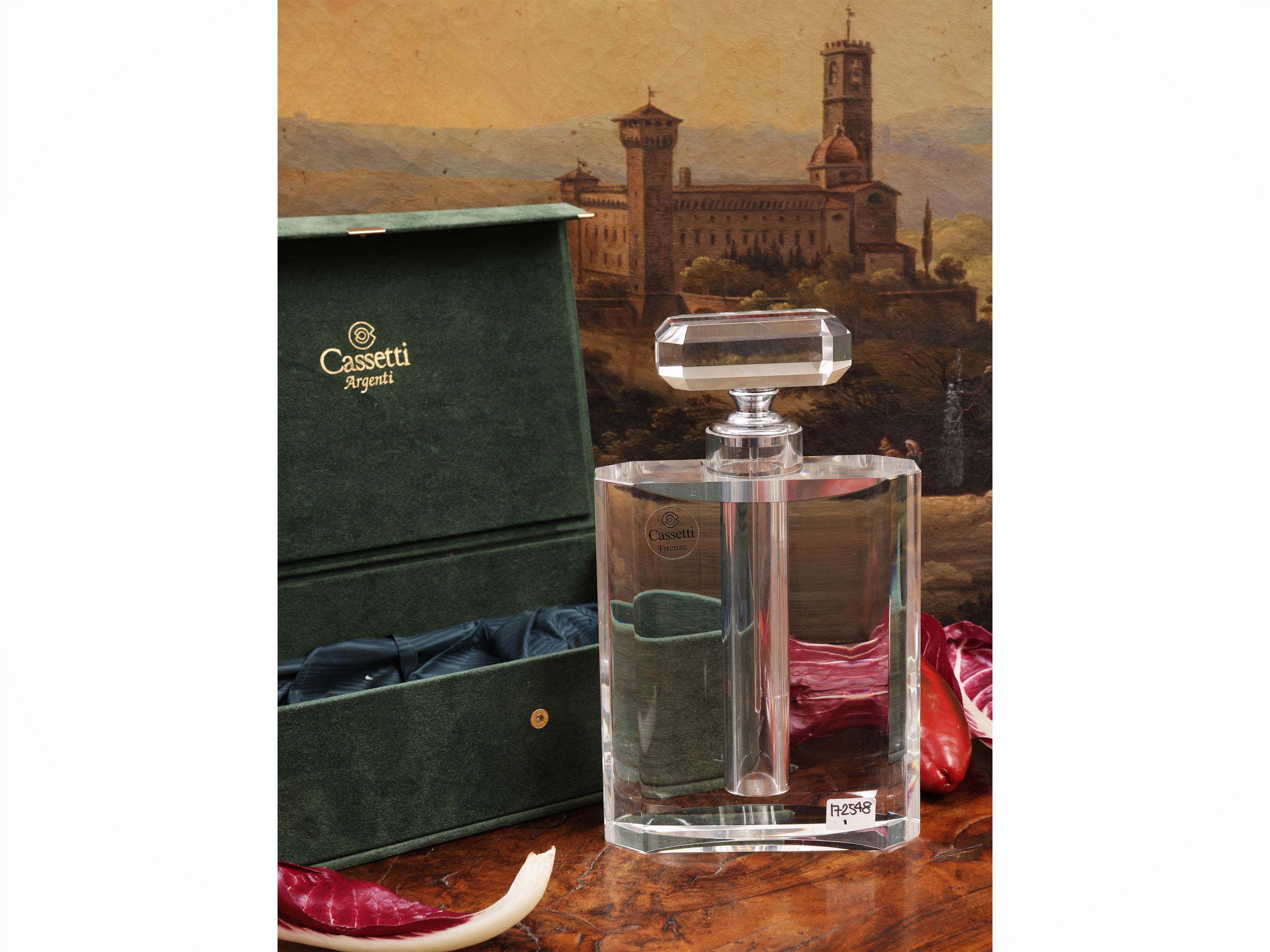 Grande flacone in cristallo con montatura in argento, Cassetti Firenze, entro scatola originale