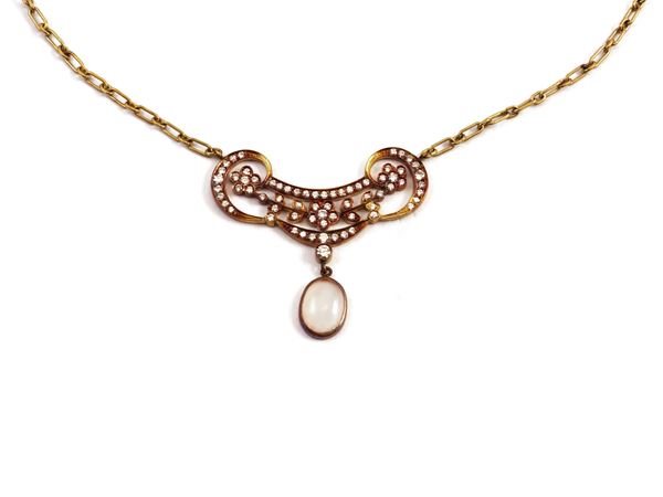 Liberty style necklace in yellow gold with moon stone and diamonds