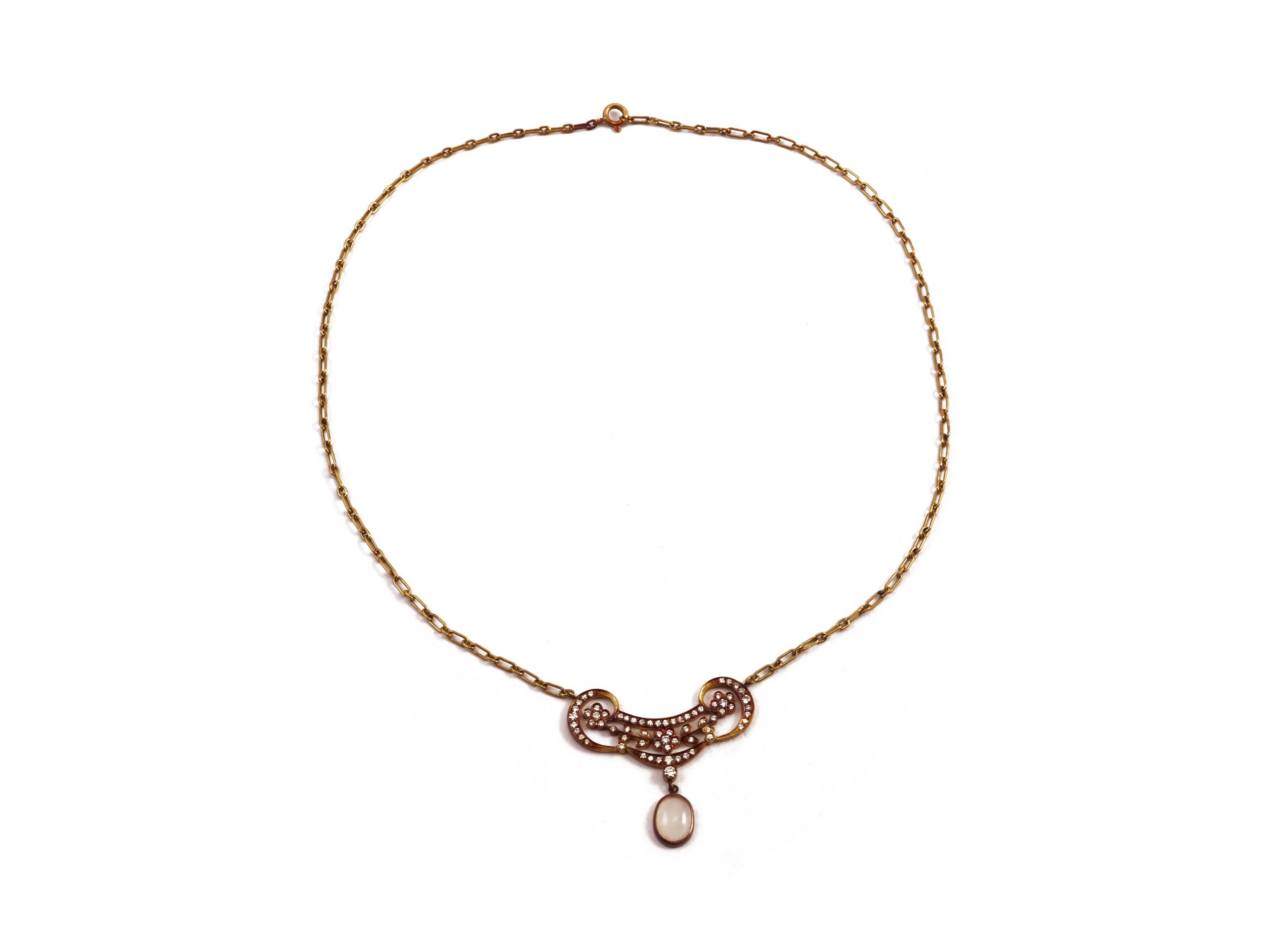 Collana in Stile Liberty in Oro Giallo con Pietra di Luna e Diamanti