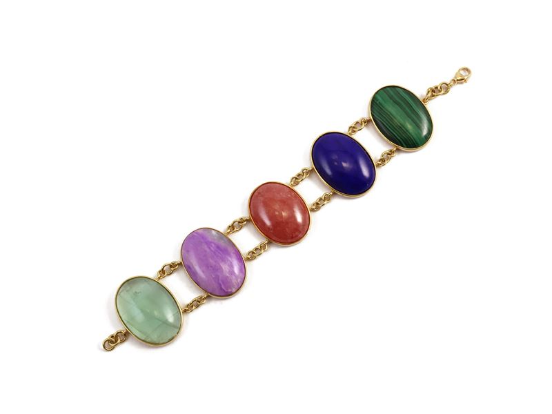 Bracciale in Oro Giallo con Cabochon di Malachite, Lapislazzuli, Rodocrosite, Charoite e Fluorite