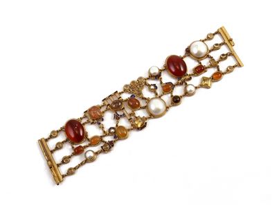 Bracciale Firmato Percossi in Metallo Dorato con Smalti, Perle e Pietre Varie