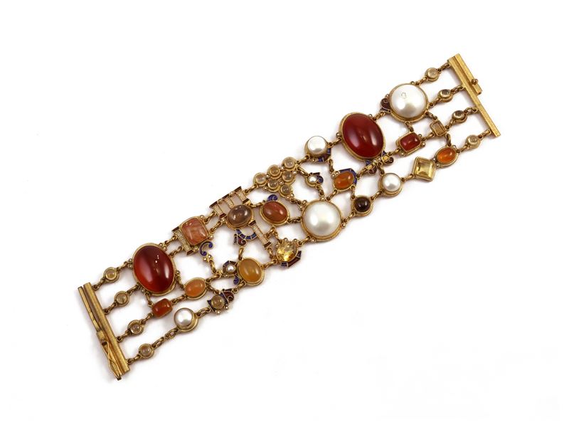 Bracciale Firmato Percossi in Metallo Dorato con Smalti, Perle e Pietre Varie