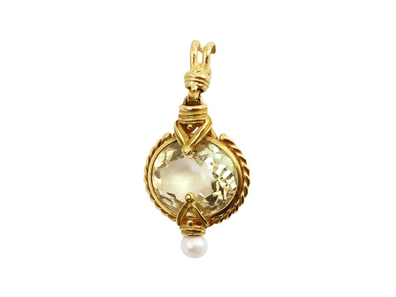 Pendente in Oro Giallo con Quarzo Citrino e Perle Coltivate