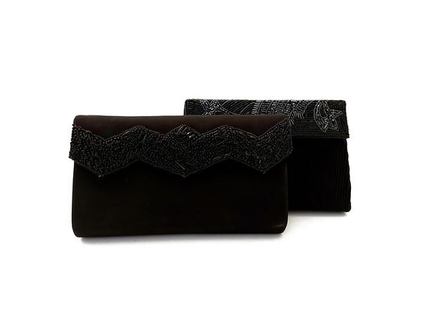 Two evening clutch bags in black satin and beads