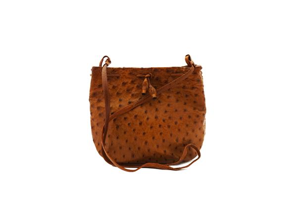 Honey-colored ostrich leather shoulder bag
