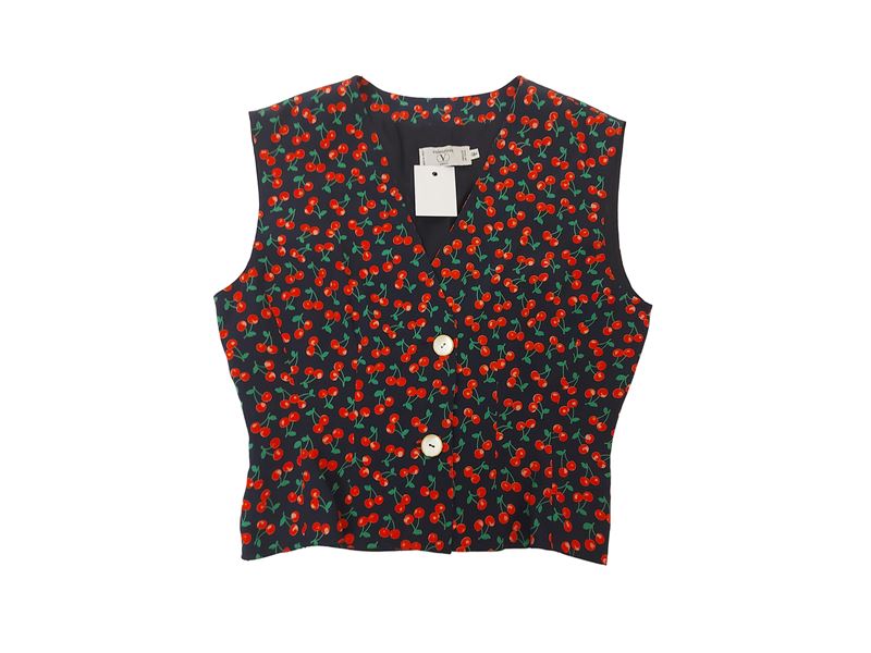 Valentino - Gilet in seta con fantasia di ciliegie su fondo blu