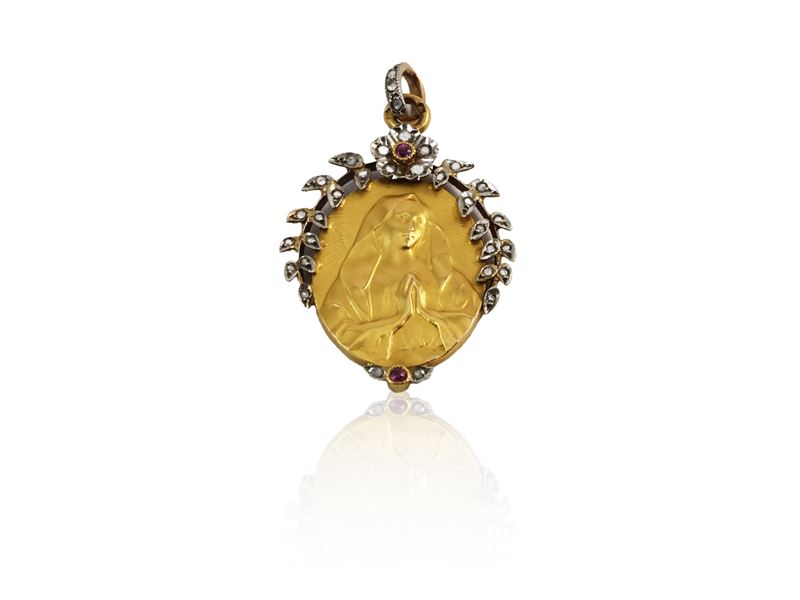 Pendente Votivo in Oro Giallo e Argento con Diamanti e Rubini