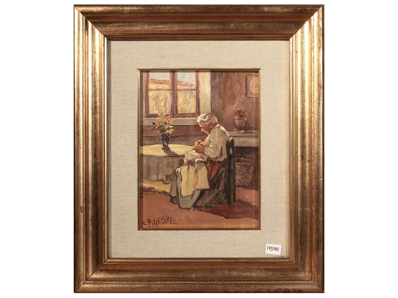 Cafiero Filippelli - Anziana in interno, olio su tavoletta