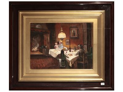 Scena di interno, olio su faesite, cm 30x40