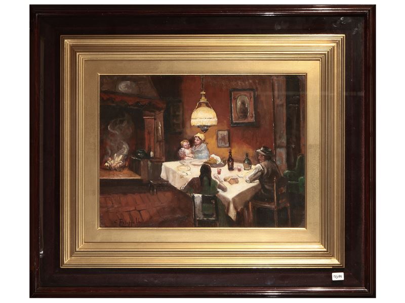 Cafiero Filippelli - Scena di interno, olio su faesite, cm 30x40