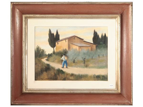 Nino Tirinnanzi - Scorcio di strada con figura 1975