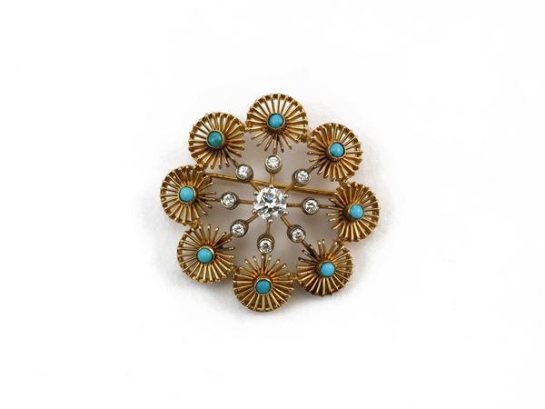 Yellow gold brooch with turquoise and diamonds