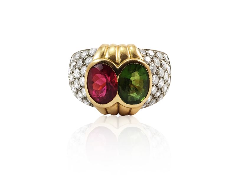Anello a Fascia in Oro Giallo e Bianco con Tormalina Rosa e Verde con Diamanti