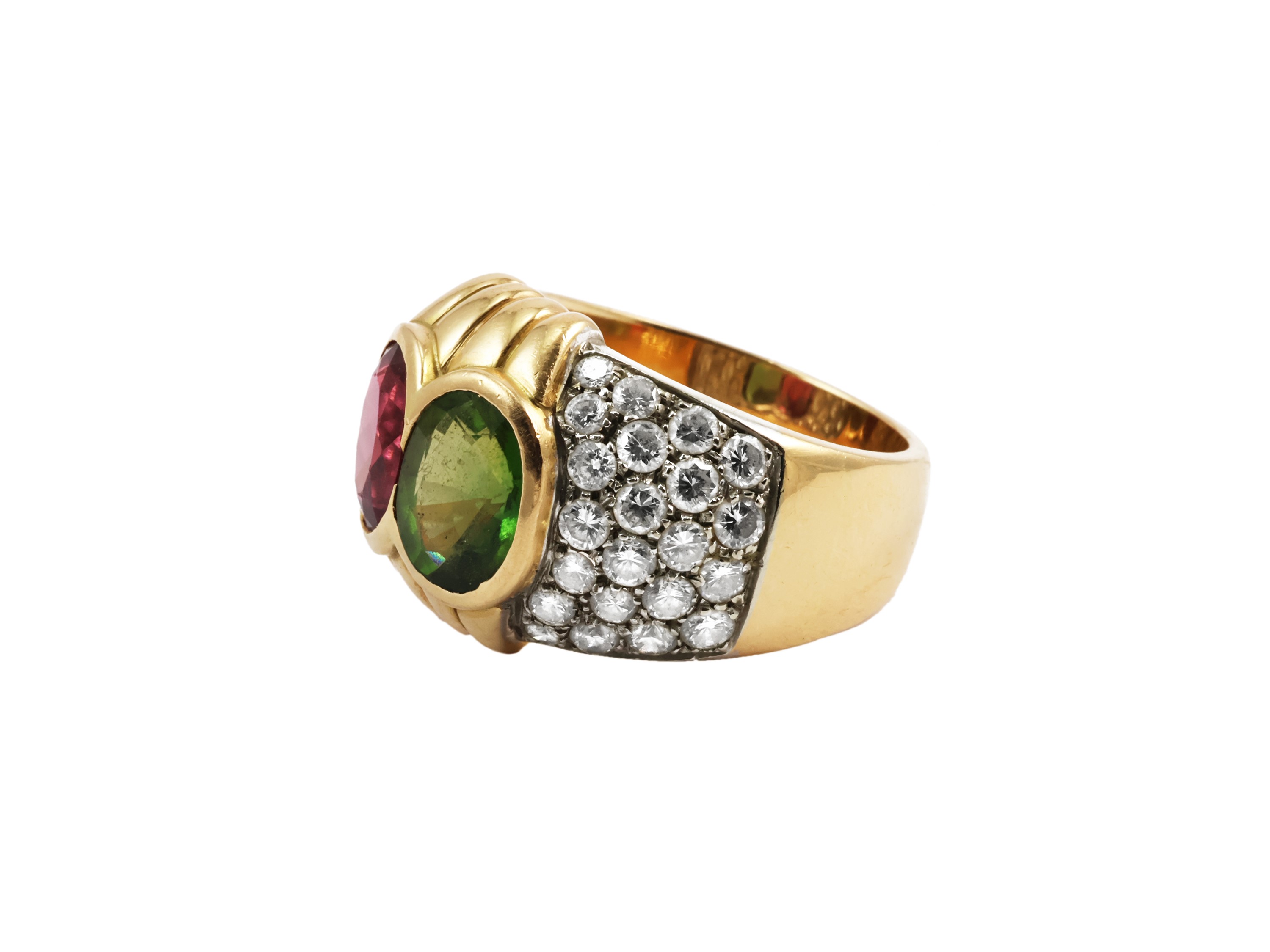 Anello a Fascia in Oro Giallo e Bianco con Tormalina Rosa e Verde con Diamanti