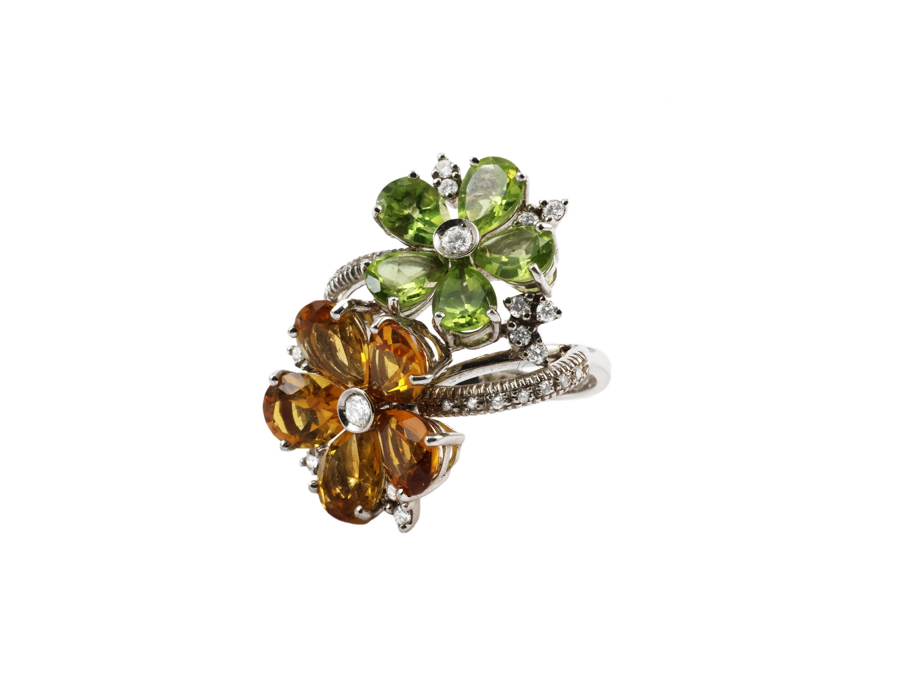 Anello Contrarié in Oro Bianco con Diamanti, Quarzi Citrini ed Olivine