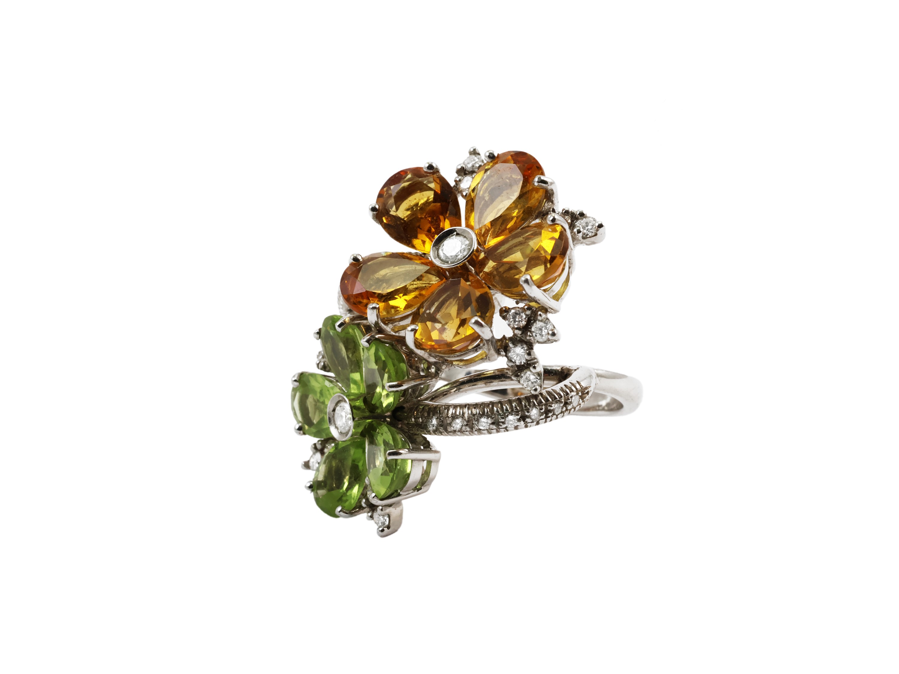 Anello Contrarié in Oro Bianco con Diamanti, Quarzi Citrini ed Olivine