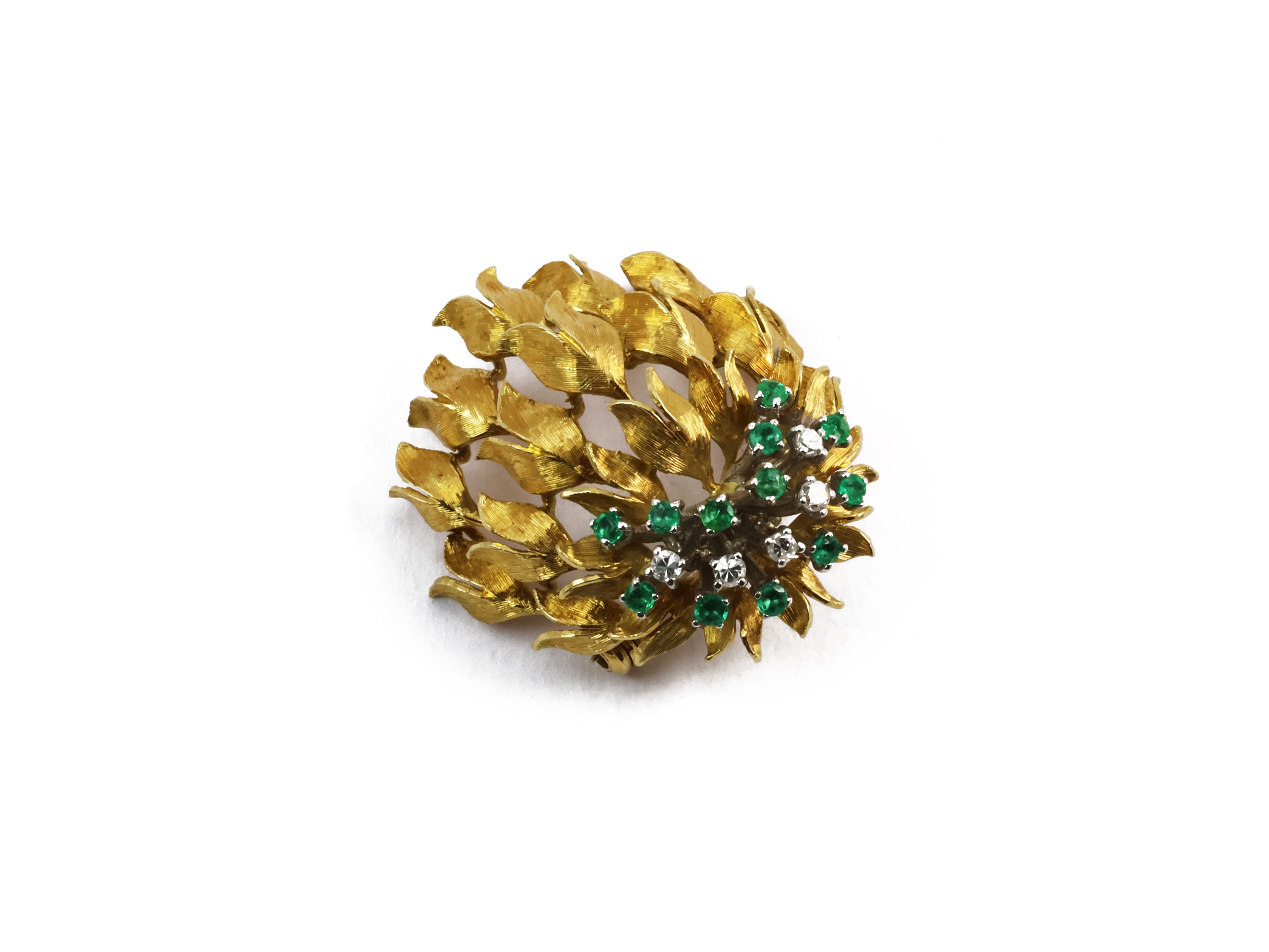 Spilla Floreale in Oro Giallo con Diamanti e Smeraldi