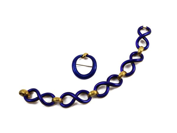 Yellow gold and enamel bracelet and brooch