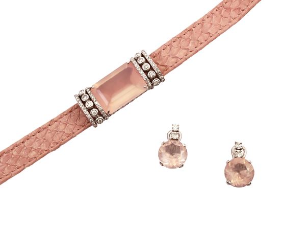 Demiparure consisting of white gold and metal earrings and bracelet with pink quartz and diamonds