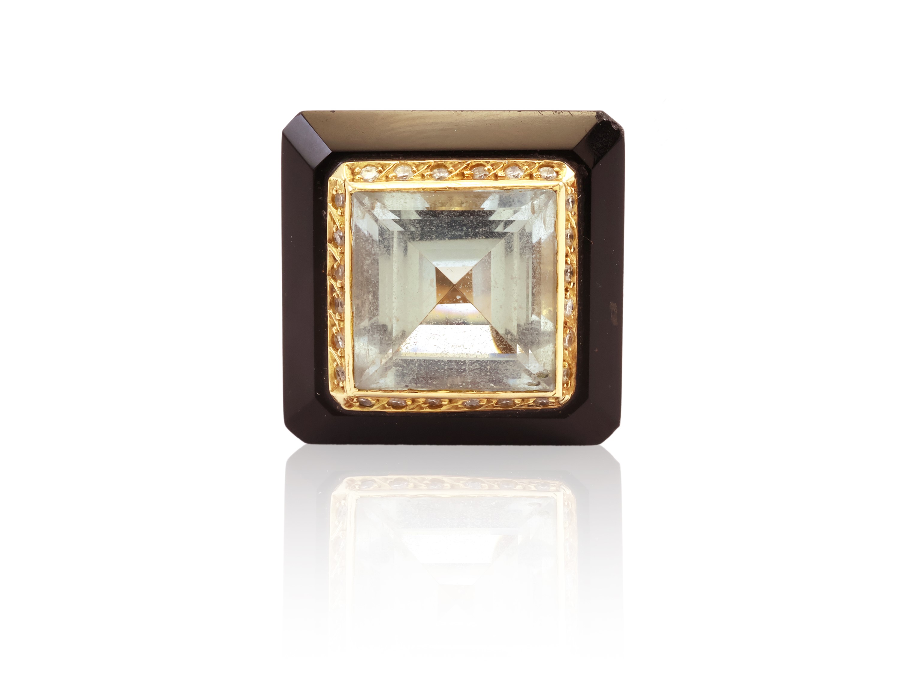Anello da Cocktail Bombato in Oro Giallo con Acquamarina, Diamanti e Onice