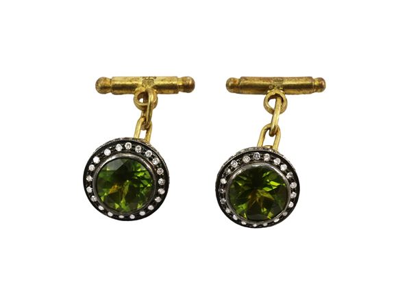 Golden silver cufflinks with olivine and diamonds