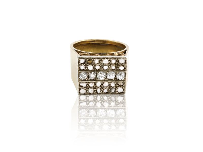 Anello Geometrico in Oro Giallo e Argento con Diamanti